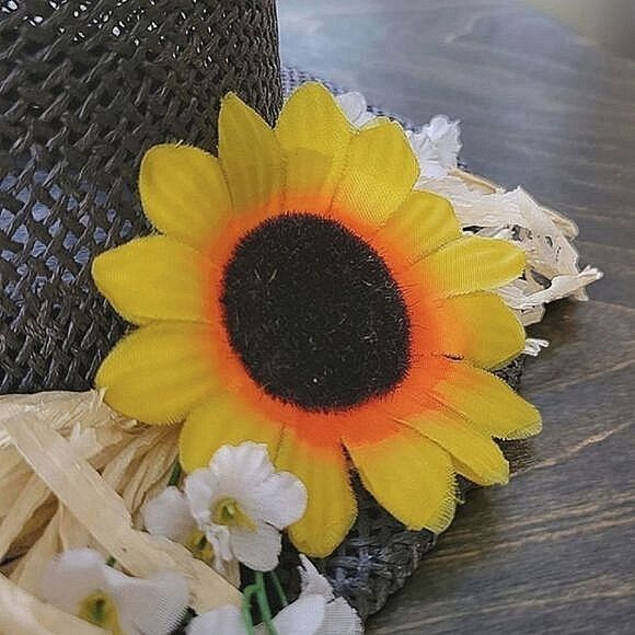 Vtg rafia sunflower band black straw sun hat - Picture 6 of 10